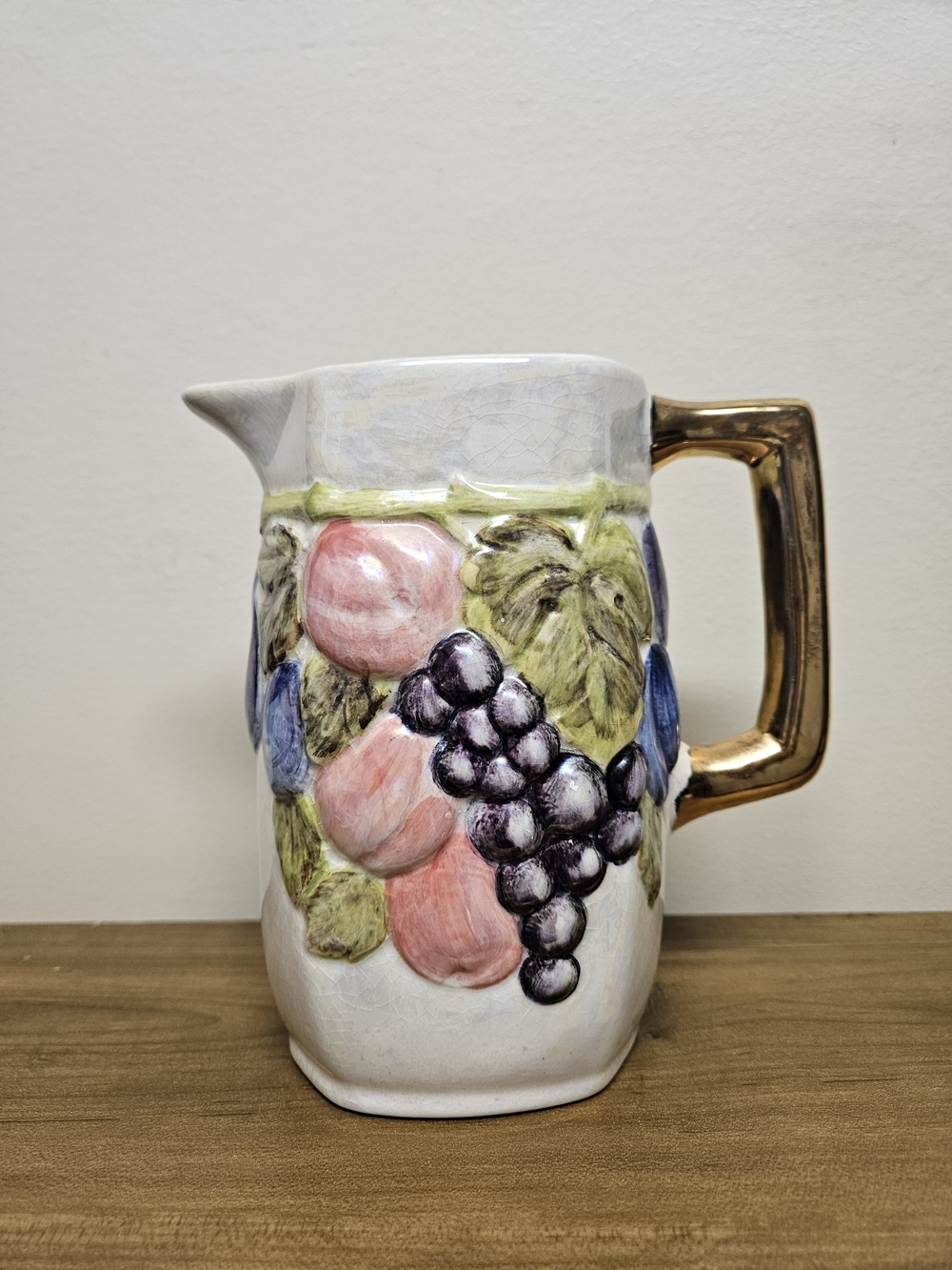 1955 Garland Hand-Painted Ceramic Fruit Pitcher with Gold Handle